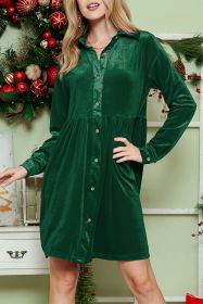 Green Long Sleeve Ruffle Velvet Button Up Shirt Dress (size: (US 4-6)S)