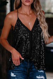 Black Sexy Contrast Spaghetti Strap Sequin Camisole (size: (US 8-10)M)