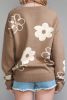Camel 60s Floral Print Ribbed Contrast Sweater