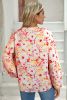 Pink Floral Print V-Neck Lantern Sleeve Blouse