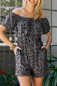 Leopard Print Ruffle Pocket Off Shoulder Romper (size: (US 8-10)M)
