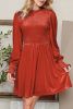 Red Smocked Lantern Sleeve Frilled Velvet Dress