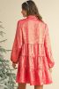 Peach Blossom Metallic Sheen Puff Sleeve Button Up Mini Shirt Dress