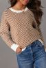 Coffee Stripe Contrast Edge Crew Neck Drop Shoulder Sweater