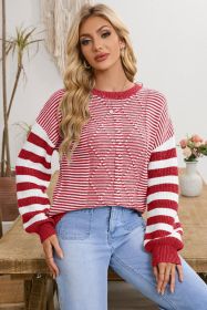 Red Stripe Twisted Knitted Drop Shoulder Sweater (size: (US 12-14)L)