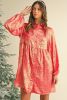 Peach Blossom Metallic Sheen Puff Sleeve Button Up Mini Shirt Dress