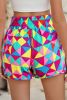Multicolor Geometric Elastic High Waisted Shorts for Women