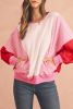 Rose Red Striped Patchwork Side Pocket Loose Sweatshirt