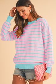 Pink Stripe Round Neck Drop Shoulder Loose Sweater (size: (US 8-10)M)
