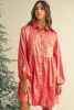 Peach Blossom Metallic Sheen Puff Sleeve Button Up Mini Shirt Dress