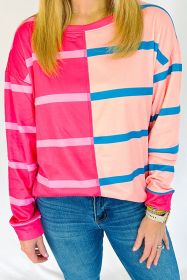 Rose Stripe Color Block Crewneck Long Sleeve Plus Size T Shirt (size: (US 18W-20W)2X)