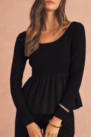 Black Pleated Hem Long Sleeve Ribbed Knit Top (size: (US 8-10)M)