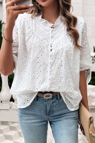 White Frill Neck Puff Sleeve Button Eyelet Blouse (size: (US 12-14)L)