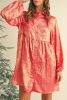 Peach Blossom Metallic Sheen Puff Sleeve Button Up Mini Shirt Dress