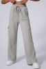 Light Grey Multi Pockets Lace Up High Waist Wide Leg Workout Pants
