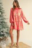 Peach Blossom Metallic Sheen Puff Sleeve Button Up Mini Shirt Dress