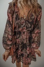 Black Floral Puff Sleeve V Neck Smocked Waist Mini Dress (size: (US 8-10)M)