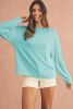 Aruba Blue Plain Crinkle Ribbed Round Neck Top