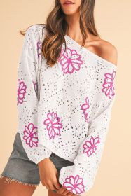 White Flower Print Drop Shoulder Hollow Knit Sweater (size: (US 8-10)M)