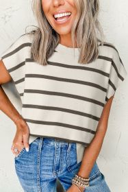 Brown Stripe Side Slits Short Sleeve Knit Top (size: (US 8-10)M)