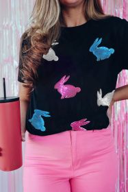 Black Sequin Easter Bunny Graphic Round Neck T Shirt (size: (US 18-20)2XL)