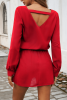Fiery Red Solid Color Long Sleeve V Neck Bubble Sleeve Dress