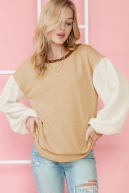 Smoke Gray Crinkled Sleeve Patchwork Ribbed Pullover Top (size: (US 4-6)S)