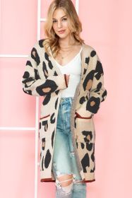 Leopard Print Open Front Pockets Midi Cardigan (size: (US 8-10)M)