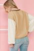 Smoke Gray Crinkled Sleeve Patchwork Ribbed Pullover Top