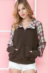 Khaki Quilted Plaid Patchwork Half Zip Kangaroo Pocket Sweatshirt (size: (US 4-6)S)