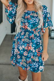 Dark Blue Bohemian Floral Print Off Shoulder Short Dress (size: (US 8-10)M)