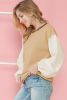 Smoke Gray Crinkled Sleeve Patchwork Ribbed Pullover Top