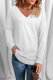 Plain White Solid Color Casual V Neck Long Sleeve Knit Top (size: (US 8-10)M)