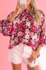 Rose Floral Print Frilled Neck Shirred Cuffs Blouse