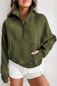 Moss Green Quarter Zip Stand Neck Kangaroo Pocket Sweatshirt (size: (US 12-14)L)