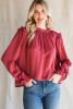Red Solid Color Round Neck Pullover Long Sleeve Blouse