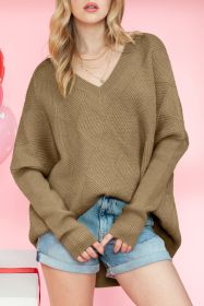Camel Plain V Neck Batwing Sleeve Oversized Sweater (size: (US 8-10)M)
