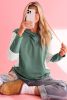 Green Textured Splicing Sleeve Raw Hem Hoodie