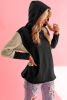 Black Textured Splicing Sleeve Raw Hem Hoodie