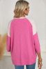 Bright Pink Ribbed Patchwork 3/4 Sleeve V Neck Loose Top