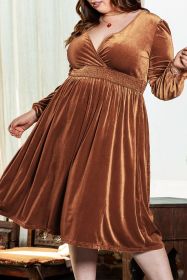 Camel Surplice Velvet V Neck Balloon Sleeve Midi Dress (size: (US 22W-24W)3X)