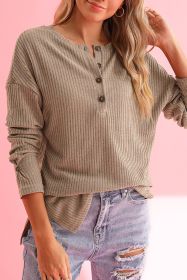 Khaki Drop Shoulder Ribbed Knit Long Sleeve Henley Top (size: (US 8-10)M)