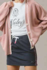 Pink Side Pockets V Neck Button Down Preppy Sweatshirt Cardigan (size: (US 12-14)L)