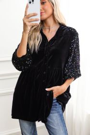 Black Velvet Sequin Puff Sleeve Button Babydoll Blouse (size: (US 12-14)L)