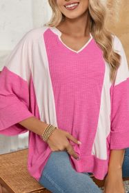 Bright Pink Ribbed Patchwork 3/4 Sleeve V Neck Loose Top (size: (US 8-10)M)