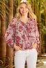 Pink Floral Print Boho Split V Neck Peasant Blouse