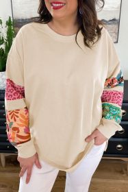 Beige Leopard Patchwork Sleeve Split Plus Size Sweatshirt (size: (US 18W-20W)2X)