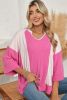 Bright Pink Ribbed Patchwork 3/4 Sleeve V Neck Loose Top