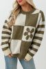 Mist Green 60s Floral Checkered and Striped Knitted Pullover Sweater