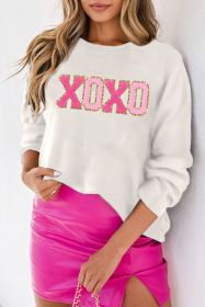 White XOXO Chenille Letter Round Neck Casual Sweater (size: (US 12-14)L)